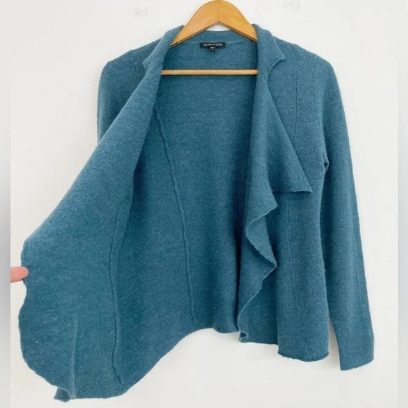 Eileen Fisher Merino Wool Teal Draped Open Front Long Sleeves Sweater Cardigan S - Picture 8 of 16